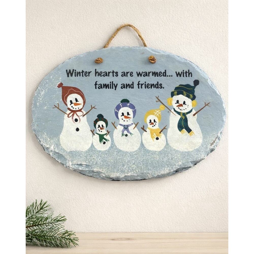 Plain Jane Snowman Family Slate Wall Plaque Winter Hearts Warmed Sign 9.5” USA